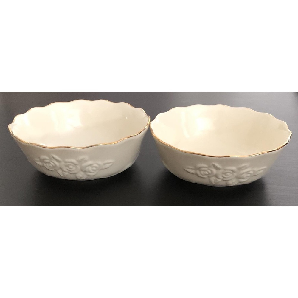 2 Lenox Bowls Scalloped Edge Embossed Roses Gold Trim Nut Candy Trinket Dish